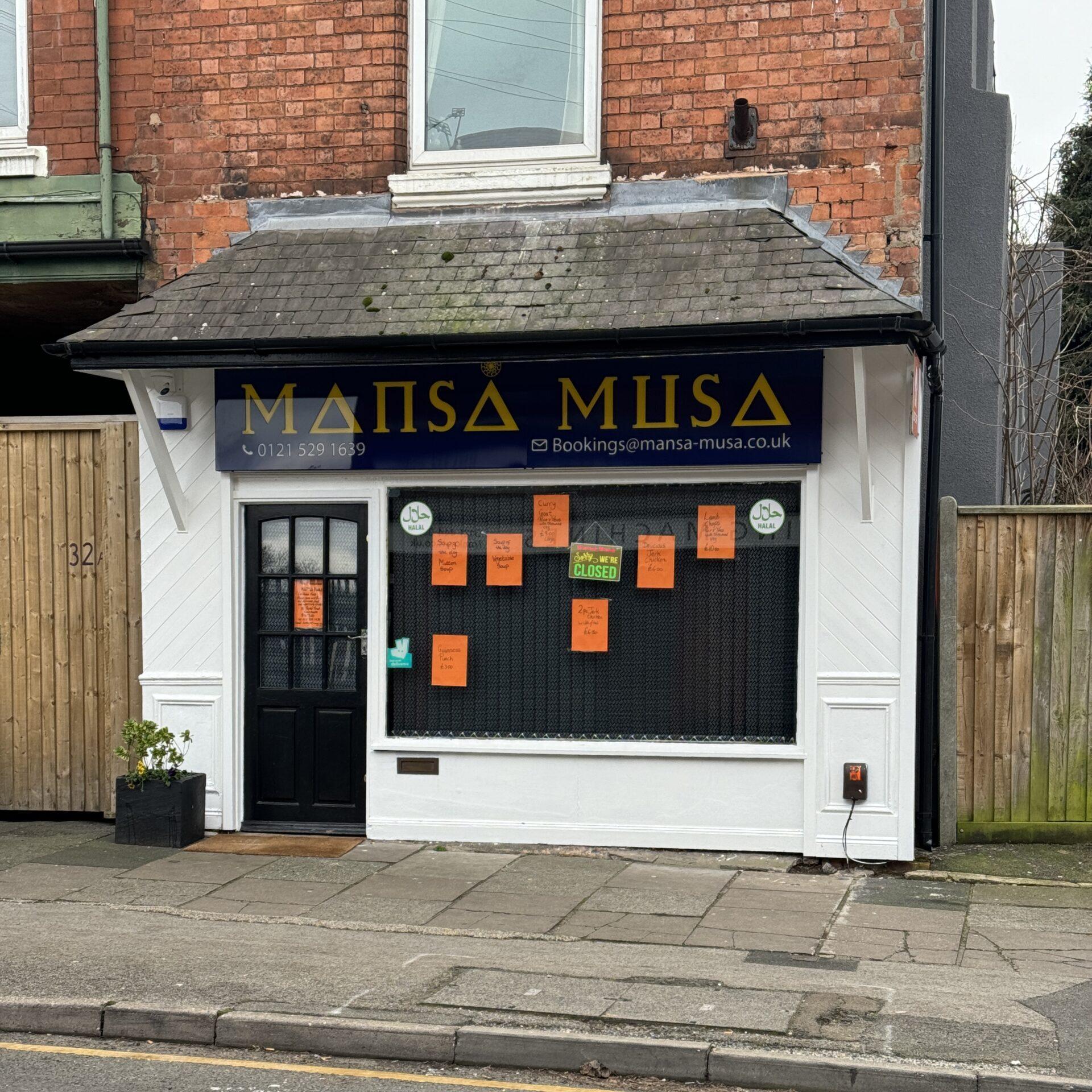 Shopfront of Mansa Musa restaurant in Kings Heath, Birmingham.